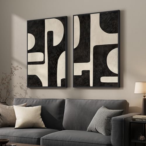Large Framed Abstract Set of 2 Wall Art for Living Room, Neutral Black Beige Geometric Modern Canvas Artwork for Walls, Minimalist Painting Print Wall Decor Bedroom Hallway Home Office, 24x36 Inch - color: Black Beige