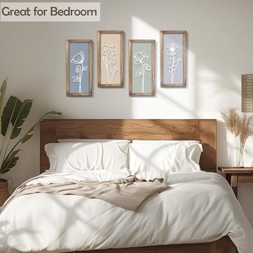 3D Wooden Floral Wall Art Decor, 4PCS 7 x 16 Inch Wood Framed Wall Art for Bathroom Living Room Bedroom Office, Rustic Farmhouse Boho Botanical Minimalist Flower Wall Hanging Decor