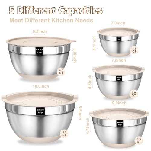 Umite Chef Mixing Bowls with Airtight Lids Set, 8PCS Stainless Steel Nesting Bowls with Grater Attachments, Non-Slip Bottoms, 5, 4, 3.5, 2, 1.5QT for Mixing & Serving - color: Khaki