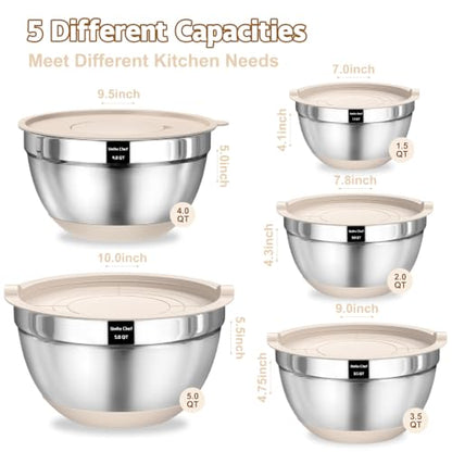 Umite Chef Mixing Bowls with Airtight Lids Set, 8PCS Stainless Steel Nesting Bowls with Grater Attachments, Non-Slip Bottoms, 5, 4, 3.5, 2, 1.5QT for Mixing & Serving - color: Khaki