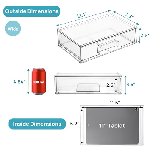 Vtopmart 12.1''W Clear Stackable Storage Drawers,3 Pack Acrylic Plastic Organizers Bins for Makeup Palettes, Cosmetics, and Beauty Supplies,Ideal for Vanity, Bathroom,Cabinet,Desk Organization | Clear Pull-Out Plastic Drawers, Stackable Design for Makeup