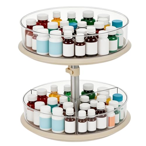 2 Tier Lazy Susan Turntable Organizer for Medicine Cabinet, 11 Inch White Rotating Spice Rack for Countertop, Pantry, Bathroom, Clear Large Storage for Bottles and Jars