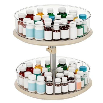 2 Tier Lazy Susan Turntable Organizer for Medicine Cabinet, 11 Inch White Rotating Spice Rack for Countertop, Pantry, Bathroom, Clear Large Storage for Bottles and Jars