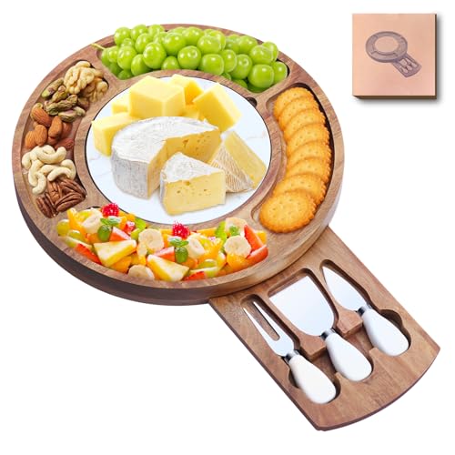 13.5" Round Acacia Wood Cheese & Charcuterie Board Set with Slate Chiller, Hidden Drawer & 420 Stainless Steel Knives/Forks - Ideal Wedding, Housewarming, Birthday Gifts - size: Round 13.5" with Slate Chiller