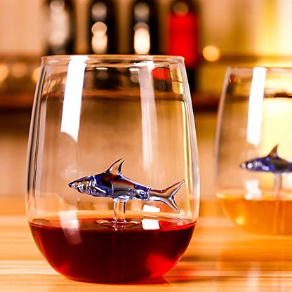 Shark Wine Glass, Personalized Stemless Crystal Shark Wine Glasses with Shark Inside (Set of 2), Fancy Cool Red Wine Cups, Unique Shark Lover Gifts for Women Party Birthday Wedding (Blue) - color: Blue