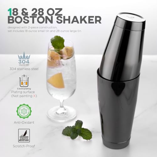 Homestia 12 Pcs Boston Cocktail Shaker Set, Mixology Bartender Kit, Black | Stainless Steel Bar Set Accessories, 18 oz/28oz Weighted Boston Shaker Tins, Martini Shaker Mixing Tools for Home Bartending - color: Black