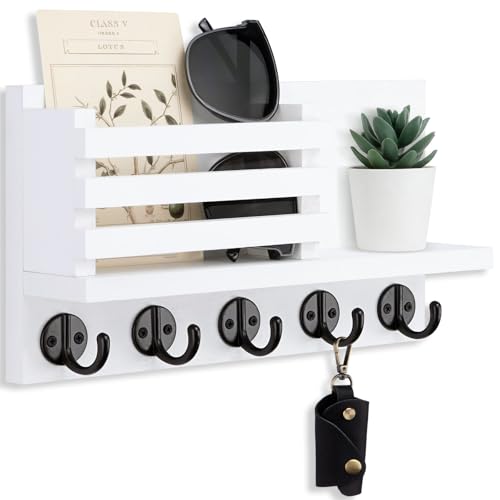 Lwenki Key Holder for Wall – Decorative Wooden Mail Holder and Key Shelf with Mounting Hardware, Installation Guide – Paulownia Wood with Metal Key Hooks (White, Large - 11.8inch) - color: White, size: Large - 11.8inch