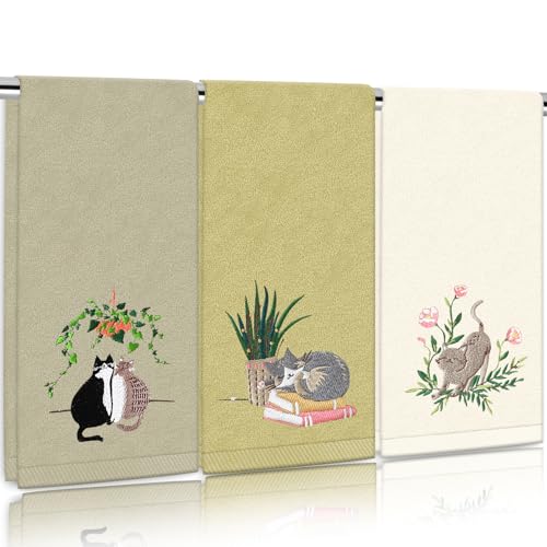 FYSUIMU 3 Pack Cat Hand Towels Green Plant Kitten Embroidered Absorbent Bath Hand Face Towel for Bathroom Hand Drying Kitchen Cleaning Towel Gift Set, 29.5 x 13.7 Inch
