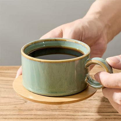 LUKA 6 Ounce Porcelain Stackable Espresso Cups with Saucers and Metal Stand Set of 4, Ceramic Cappuccino Cups Set for Specialty Coffee Drinks, Latte, Cafe Mocha and Tea, Wild Sage Earth - color: Wild Sage Earth