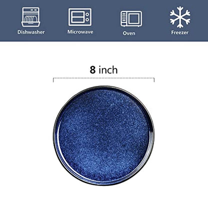vicrays Ceramic Salad Plates Set - Porcelain 8 Inch Flat Dessert Appetizer Plate for Lunch Home Party Restaurant - Scratch Resistant Microwave Oven and Dishwasher Safe - Set of 6 (Blue) - color: Blue