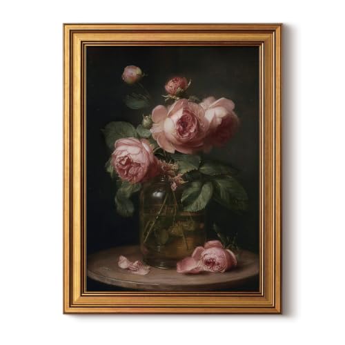 InSimSea 12x16 Gold Framed Vintage Floral Wall Art, Romantic Pink Peony Still Life Canvas Oil Painting Prints, French Country Botanical Artwork for Bedroom Living Room Dining Room - color: Peony, size: 16"L x 12"W
