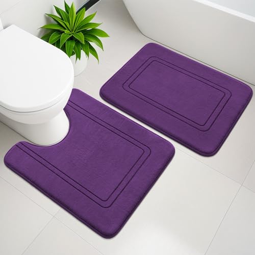 Memory Foam Bath Mat Set, Bathroom Rugs Sets 2 Pieces, Non Slip Bath Mats for Bathroom, Super Soft and Water Absorbent Bath Rug Set, Machine Washable U Shape Rug,Purple - color: Purple, size: 2pieces