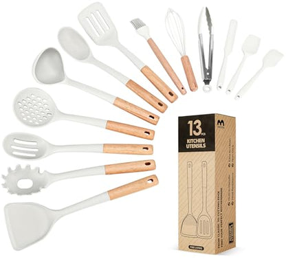 Kitchen Utensils Set, 13PCS Silicone Cooking Utensils, Heat Resistant Kitchen Utensil Spatula Set for Nonstick Cookware, Wooden Handles Kitchen Gadgets Tools Set - color: White