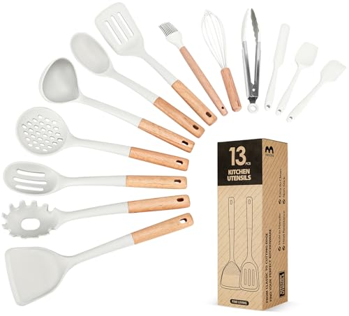 Kitchen Utensils Set, 13PCS Silicone Cooking Utensils, Heat Resistant Kitchen Utensil Spatula Set for Nonstick Cookware, Wooden Handles Kitchen Gadgets Tools Set - color: White