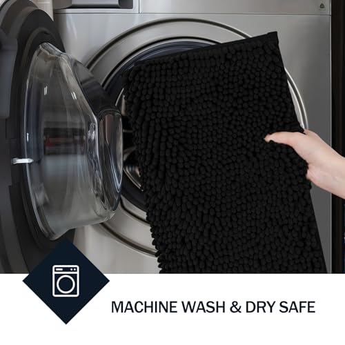 LINLA Bathroom Rugs Sets 2 Piece, Absorbent Soft Chenille Bath Mat,Black | Non-Slip ,Quick Dry, Washable, Carpet Mats for Floor, Tub and Shower,32" x 20"/24" x 17" - color: Black