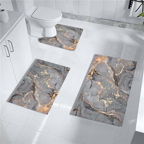 Grey Gold Marble Bathroom Mats Rugs Sets 3 Piece, Abstract Bath Mat Quick Dry Thin Rubber Back Diatomaceous Earth Rugs with U-Shaped Contour Toilet Mat for Bathroom Decor Floor Shower Room - color: Grey Gold Marble