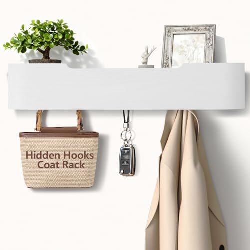 Coat Rack Wall Mount with Hidden Hooks Modern Key Holder Wood Entryway Hook with Shelf for Bedroom Kitchen Hallway Bathroom Designed for Hanging Coats Hats Bags Towels Dog Leashe(White,5 Hooks) - color: White, size: 5 Hooks