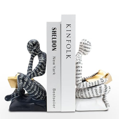 BANOMII Heavy Duty Book Ends for Shelves, Thinker Decorative Bookends for Heavy Books, Unique Book Stoppers to Hold Book, Bookshelf Accessories, Modern Home Office Decor Aesthetic Black & White - style: Readers