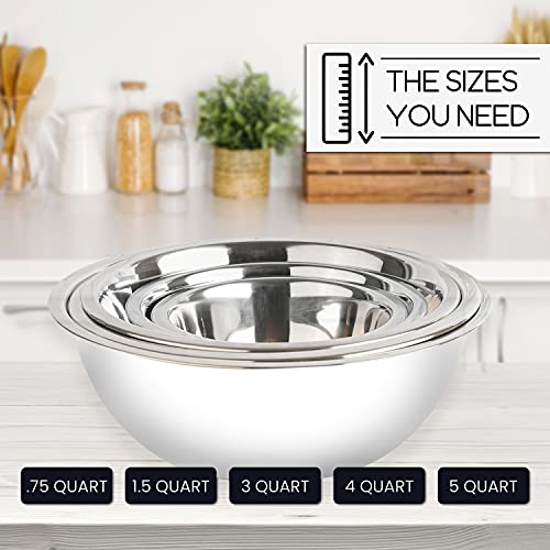 Stainless Steel Mixing Bowls Set, 5-Piece Meal Prep & Food Storage | .75, 1.5, 3, 4 & 5 Quart Metal Mixing Bowls Set for Prep, Serving, Baking & Food Storage, Ecofriendly, Dishwasher Safe, White - color: White