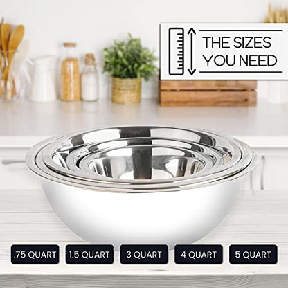 Stainless Steel Mixing Bowls Set, 5-Piece Meal Prep & Food Storage | .75, 1.5, 3, 4 & 5 Quart Metal Mixing Bowls Set for Prep, Serving, Baking & Food Storage, Ecofriendly, Dishwasher Safe, White - color: White