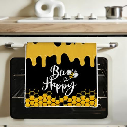 Cute Bee Black Yellow Kitchen Towels 24x14 Inch, Honey Print Hand Towels for Kitchen Home Farmhouse, Absorbent Microfiber Dish Cloth Tea Towel, Housewarming Gifts for Women Mom, Bee Happy - color: Lm 341