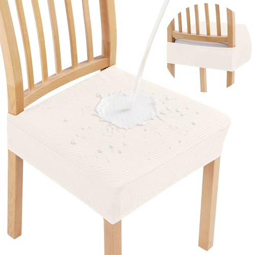 Smiry Waterproof Seat Covers for Dining Room Chairs, No Rear Covers | Stretch Jacquard Removable Washable Chair Seat Slipcovers Protector, Set of 2, Ivory - color: Ivory, size: Set of 2