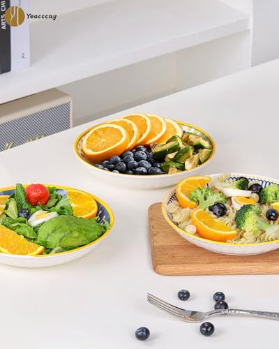 Yeacccng Bohemian Pasta Bowls Set of 4, 8 Inch 24 Oz Ceramic Salad Bowls, Shallow Wide Kitchen Bowls, Lead-Free Cadmium-Free, Dishwasher Microwave Oven Safe, Scratch-Resistant Boho Serving Bowls - size: 8 inch pasta bowl (Colorful*4)