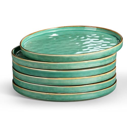 LIANYU Ceramic Dessert Plates Set of 6, 10.2 Inch Kitchen Dinner Plates Set, Porcelain Serving Dishes for Cake, Bread, Salad, Snack and Steak, Microwave, Oven and Dishwasher Safe, Emerald Green - color: Emerald Green, size: 10.2 Inch for 6
