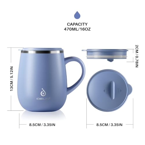 Ideus 16 oz Insulated Coffee Mug with Handle and Lid, Double Wall Stainless Steel Vacuum Thermal Coffee Mug, Travel Coffee Cup Thermal Cup for Home and Office (Ocean Blue 2.0, FUJI DAWN) - color: Ocean Blue 2.0