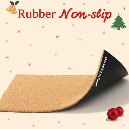 Christmas Door Mat Combo Set - 100% Coco Coir Welcome Mat + 28 x 43 Inch Red and Black Plaid Rug, New Year Holiday Christmas Collection Doormat for Front Porch Entryway Decor