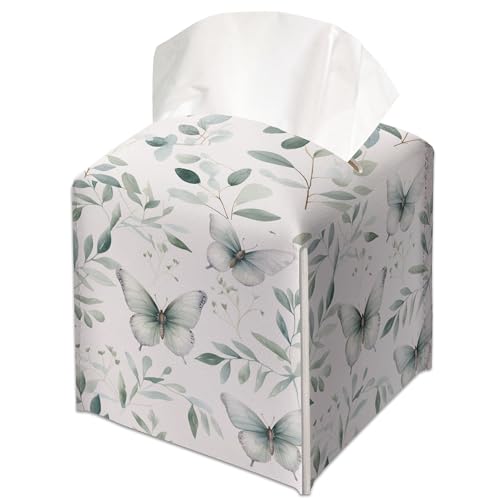 Eucalyptus Butterfly Decorative Leather Tissue Box Cover - Tissue Box Holder Gifts for Women Family and Friends Funny Unique Home Decor Decorative for Kids Room Kitchen Bathroom Office - A18 - color: Eucalyptus Butterfly