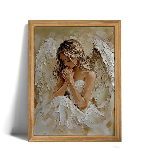 Praying Angel Wall Art – Spiritual Canvas Print, White Winged Angel Oil Painting Style Christian Religious Picture poster，Spiritual White & Gold Wall Decor for Bedroom, Prayer Room, Christian Gift, Wood Frame 12x16in - color: Angel Wings, size: 16"L x 12"