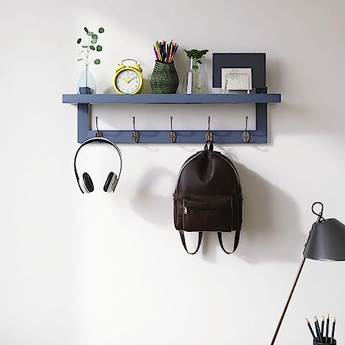 SMIBUY Coat Hooks with Shelf Wall-Mounted, 29.2 Inch Entryway Coat Rack for Wall, Bamboo Hanging Shelf with 5 Double Metal Hooks for Bathroom, Bedroom, Kitchen, Living Room, Mudroom (Grey) - color: Gray