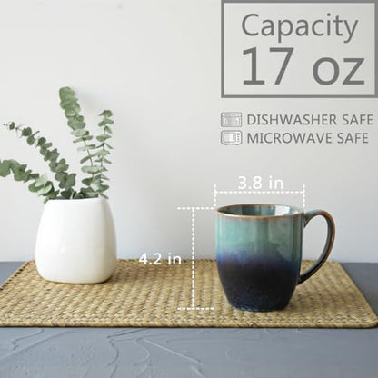 Bosmarlin Ceramic Coffee Mug Set of 4, 17 Oz, Coffee Cups with Big Handle, Microwave Safe, Unique Reactive Glaze(17 Oz, Pale Green) - color: Pale Green