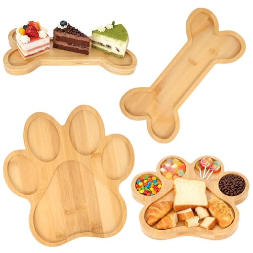 Bamboo Paw Shaped Tray Set - Cute Dog Paw & Bone Serving Tray with Grooves, Animal Themed Bone Shaped Party Supplies, Wood Candy Dish Bowl Gifts for Dog and Cat Lovers