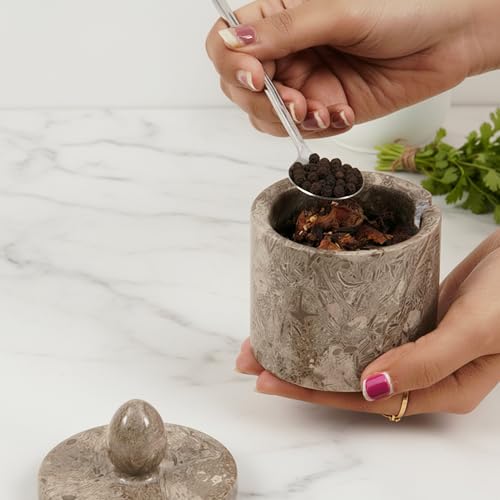 Marble Salt Cellar with Lid 4" Inch Oceanic Handmade Salt Jar & Spice Storage Containers For Kitchen Countertop, Ideal Sugar Bowl & Salt dish For Table - color: Oceanic