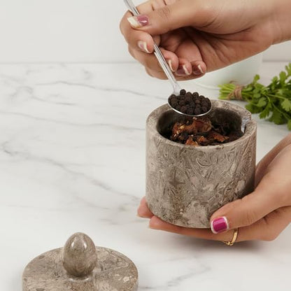 Marble Salt Cellar with Lid 4" Inch Oceanic Handmade Salt Jar & Spice Storage Containers For Kitchen Countertop, Ideal Sugar Bowl & Salt dish For Table - color: Oceanic