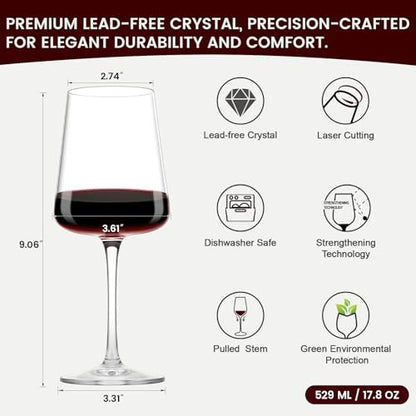 GENICOOK Red Wine Glasses Set of 6, 18 oz Crystal Wine Glasses, Large Hand Blown Stemmed Wine Glass Set, Elegant Dishwasher Safe Glassware for Dinner Party Wedding Gift - size: 18 OZ