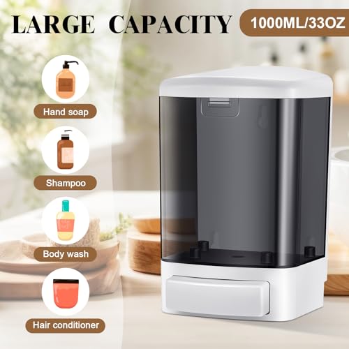Hushee 4 Pcs Wall Mounted Soap Dispenser,33.8 Oz 1000 Ml,Black | Manual Press, 1000ml 33.8oz Capacity Clear Window, For Restaurant Bathroom Kitchen Hotel, Liquid Soap Shampoo Dispenser - color: Black, size: 33.8 oz 1000 ml