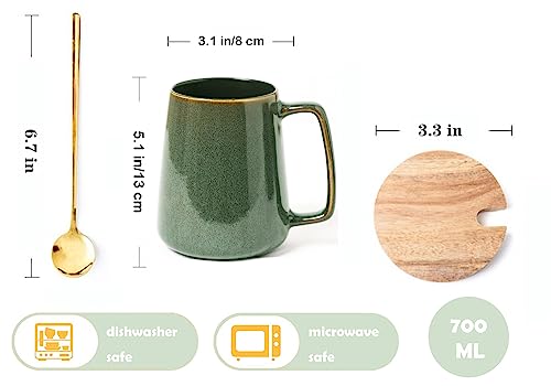 Large Ceramics Coffee Mugs,24 OZ,With Spoon And Wooden Lid,For Coffee,Tea,Cocoa,Large Handle Design,Microwave And Dishwasher Safe(Color:24 oz green set) - color: 24 oz green set
