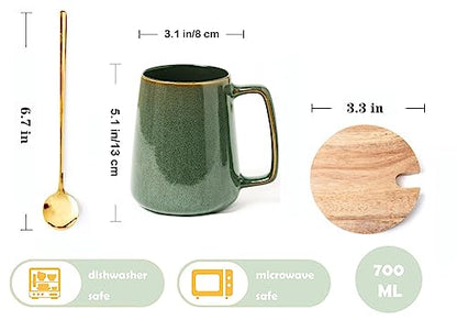 Large Ceramics Coffee Mugs,24 OZ,With Spoon And Wooden Lid,For Coffee,Tea,Cocoa,Large Handle Design,Microwave And Dishwasher Safe(Color:24 oz green set) - color: 24 oz green set