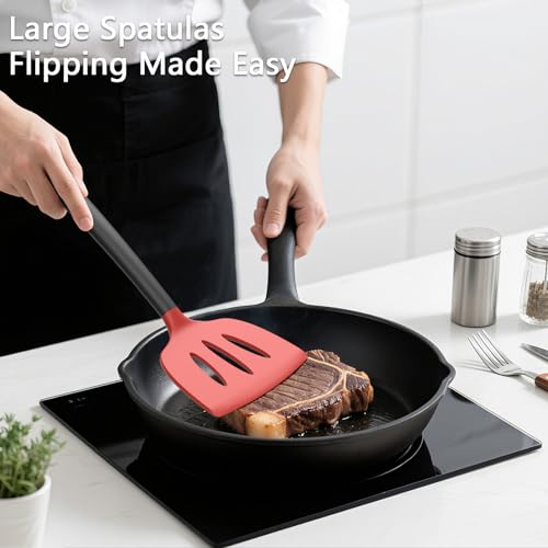 Coukre 3 Pack Silicone Spatula Set, Heat Resistant to 500°F, BPA-Free | Fish Spatula, Solid & Slotted Turners, Dishwasher Safe, Spatula Set for Eggs, Pancakes, Fish & Burgers, RedBlack - color: RedBlack