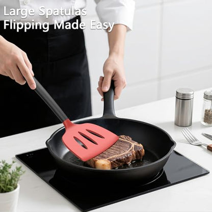 Coukre 3 Pack Silicone Spatula Set, Heat Resistant to 500°F, BPA-Free | Fish Spatula, Solid & Slotted Turners, Dishwasher Safe, Spatula Set for Eggs, Pancakes, Fish & Burgers, RedBlack - color: RedBlack