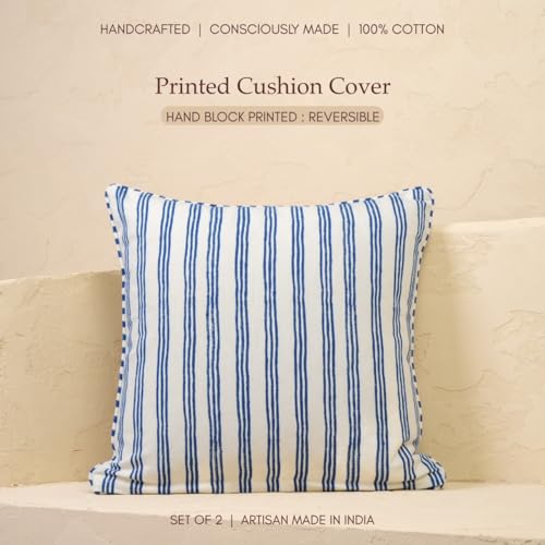 JBH Hand Block Print Reversible Throw Pillow Covers 18x18 Inch Set of 2 – Handmade Cotton - color: Blue