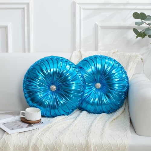 HIG Set of 2 Blue Metallic Leather Decorative Round Pleated Throw Pillows | Vintage Floor Pillows, Classy Accent Pumpkin with Center Button, for Sofa Couch Vanity Chair Bed, 14.5" Diameter - color: F-blue