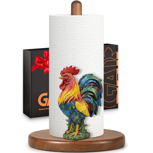 Rooster Paper Towel Holder, Farmhouse Cottagecore Kitchen Countertop Decor | Cute Wood Paper Towel Stand, 3D Resin Rooster Gifts for Women, Mom & Grandma, Non-Slip Base, Fits Standard & Jumbo Rolls - color: Rooster