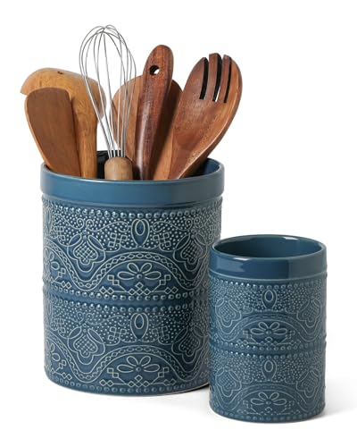 Kitchen Utensil Holder, 7.2+5.5" Super Large Utensil Crock Heavy and Stable Lace Emboss Ceramic Utensil Holder for Kitchen Counter(2Pcs Grayish Blue) - color: 2Pcs Grayish Blue