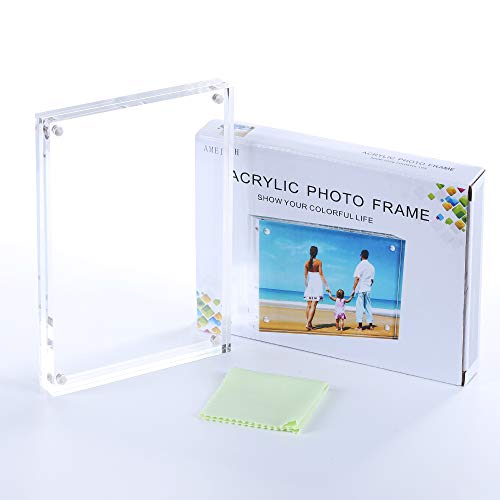 AMEITECH Acrylic Photo Frame 5x7 inches, Free Standing Desktop Double Sided Magnetic Picture Display, 10 + 10MM Thickness Clear Magnet Photo Frame with Microfiber Cloth, Gift Box Package | Double Sided Floating Magnetic Frames, 20mm Thick, Free Standing D