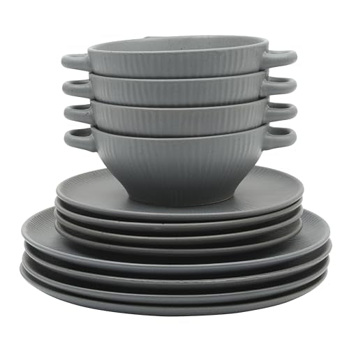 Gibson Elite Clover Hill 12-Piece Stoneware Dinnerware Set – Dark Blue Embossed Plates and Bowls with Matte Speckled Reactive Glaze, Service for 4 – Microwave & Dishwasher Safe - color: Dark Blue (Clover Hill), size: Service for 4 (12pcs)