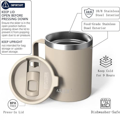 TILUCK 12 oz Insulated Coffee Mug with Lid and Handle | BPA-Free Lid, Double-Wall Vacuum Insulation, Stainless Steel Coffee Cup, Dishwasher Safe Mug for Hot & Cold Drinks, MistyGray - color: Matte MistyGray, size: 12 Ounces